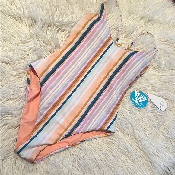 WET Kelly Brazilian Striped Multicolor One Piece Swimsuit - X-Small! - Picture 1 of 13